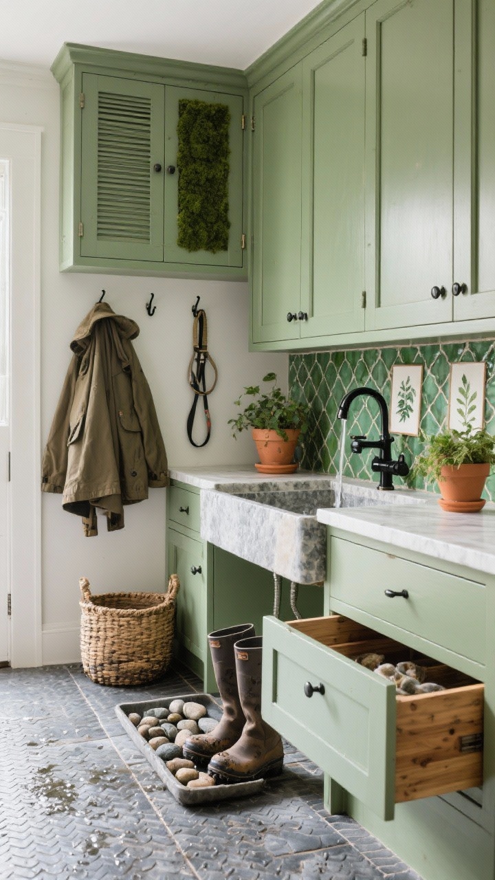 Medium-wide, nature-inspired utility zone captured from an angle toward the boot wash: sage green cabinetry, slate-look porcelain floor with non-slip texture; built-in tiled dog wash/boot rinse with hand sprayer and small kerb to contain splashes; wall of Shaker pegs holding coats and leashes; ventilated cabinet for muddy boots; mossy green zellige backsplash tiles with organic shine; soapstone-look countertop; black metal hooks, terracotta planters, woven hampers; boot tray with river stones; botanical prints and a cedar-lined drawer slightly ajar; fresh, durable, photorealistic.