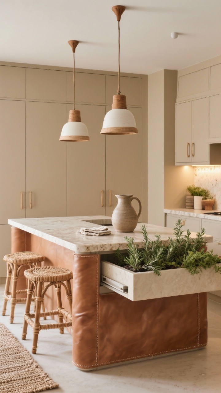 Medium-wide organic modern scene: clay-colored satin island base with a leathered Taj Mahal quartzite top—soft, sandy texture emphasized by side light. Ceramic pendants in earthy off-white hang above; oak-and-cane counter stools provide natural texture. Perimeter cabinets in mushroom beige unify the palette. Functional greenery: a pull-out herb garden under the overhang with subtle LED grow lighting, plus a wide shallow planter at the corner brimming with rosemary and thyme. Accents: stoneware pitcher, linen coasters, woven runner. Calm, grounded mood with warm natural light.