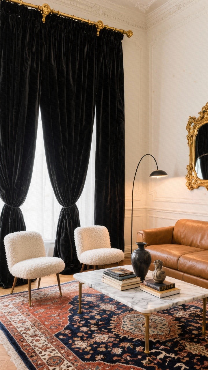 Medium-wide, Parisian glam living room: floor-to-ceiling black velvet pinch-pleat curtains with a slight break pooling at the floor, hung on an antique brass rod with bold finials; creamy plaster walls; low-profile camel leather sofa; marble-topped coffee table with vintage books and sculptural vases; Persian-style rug in rust, navy, and cream warming the space; ornate gold-framed mirror reflecting light; two ivory bouclé chairs; sleek arc floor lamp creating a moody glow that highlights the velvet sheen; color story black, brass, camel, cream; photorealistic, chic, corner angle.