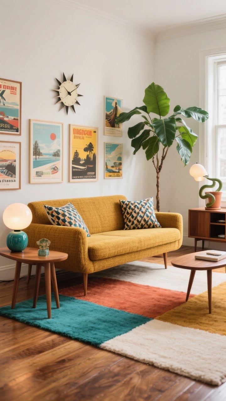 Medium-wide, playful mid-century perspective: A mustard tweed sofa on walnut floors, set over a color-blocked wool rug in teal, rust, and cream. Furniture with tapered walnut legs: media console, side tables, planter stand. Starburst clock on the wall and a gallery of vintage travel posters adding personality. Opal globe lamps, a teal ceramic table lamp, and patterned cushions with tight repeats. Rubber tree and snake plant providing bold silhouettes. Bright, social daylight with warm tones. Photorealistic, no people.