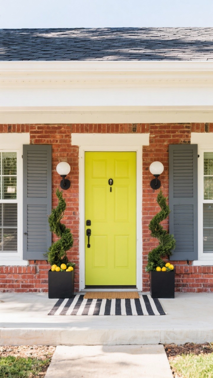 Medium-wide porch scene: warm white trim around windows and door against red brick, soft charcoal shutters, and a bold lemon-lime/chartreuse front door as the focal point. Contemporary globe sconces in matte black flank the entry; matte black planter boxes hold sculptural evergreens or potted citrus. A striped outdoor rug lies at the threshold, with a modern doorbell detail. Charcoal roof visible; energetic, playful curb appeal under bright, even daylight.