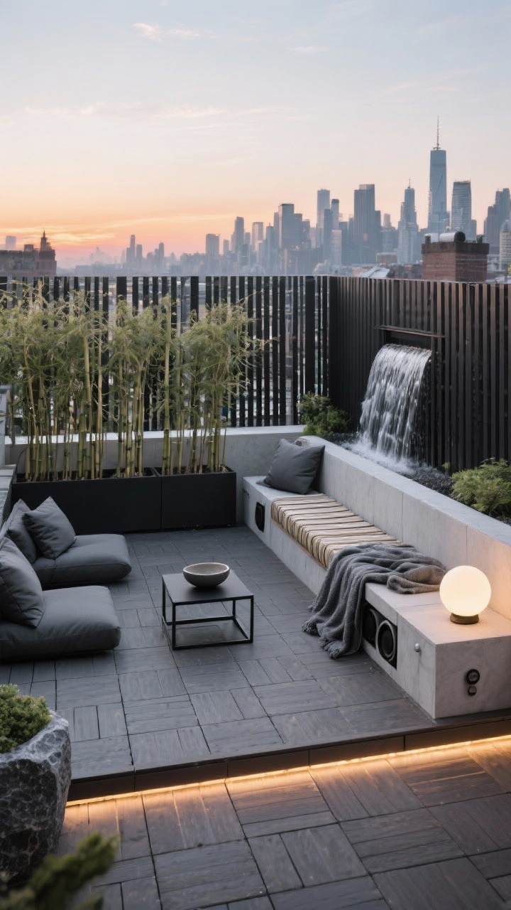 Medium-wide rooftop shot, Urban Rooftop Oasis: modular deck tiles creating zones with tall slatted privacy screens as windbreak/backdrop; meditation zone in monochrome with charcoal cushions, black metal side table, sleek planter row of bamboo adding movement and white noise; compact water wall with a soft cascade masking city sounds; weatherproof bench with storage, roll-up tatami mats, indoor-outdoor speaker; LED strip under bench and portable rechargeable orb lamps for glow; accents include a graphite throw, sculptural basalt stone, minimal ceramic bowl; sophisticated skyline at sunset, photorealistic, corner angle.