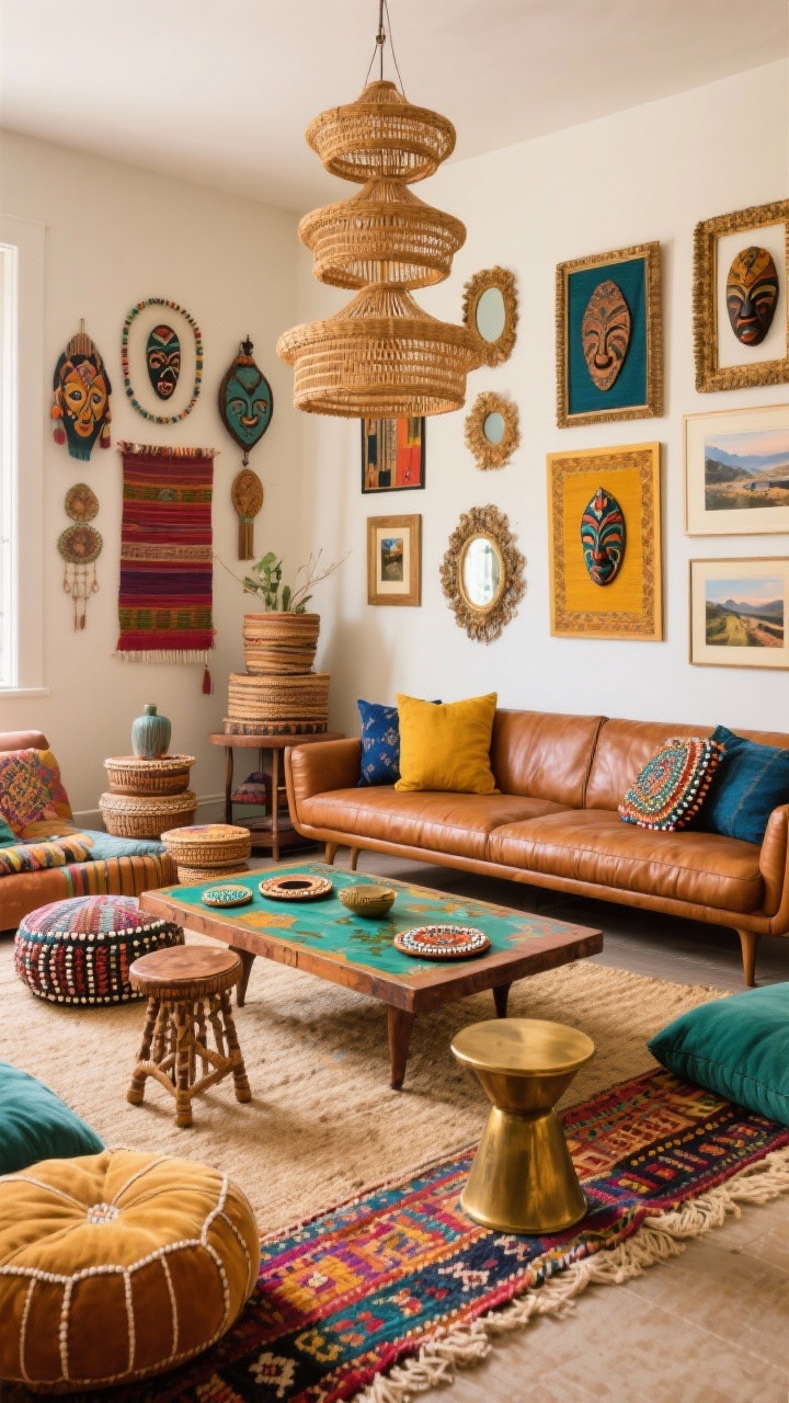 Medium/wide shot: Global eclectic gathering room with a mid-century tobacco leather sofa, a hand-painted coffee table, and mismatched side stools from different regions. Layered rugs: natural jute base topped with a colorful Turkish runner. A vibrant gallery wall of framed textiles, masks, and small mirrors to bounce light. Accents include beaded coasters, stacked baskets, and travel photography on surfaces. A tiered rattan chandelier overhead and a cluster of floor cushions for casual seating. Colors: saffron, indigo, emerald, warm brown, brass. Photorealistic, warm ambient light, straight-on.