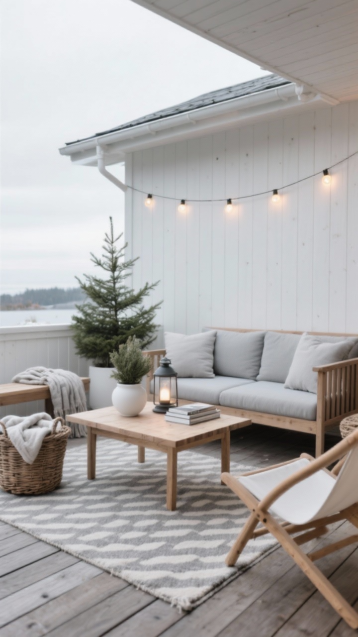 Medium-wide, soft overcast light: A Scandinavian hygge deck with a soft gray, white, and pine palette. A slatted wooden loveseat with light gray cushions, paired with a square pine coffee table. A subtle stripe or herringbone rug grounds the seating. Baskets neatly filled with folded throws, a white ceramic planter with hardy evergreens, and a simple lantern atop the table alongside a small stack of design books. One structured bench and one low sling chair balance the scene. Soft globe string lights clipped in a straight line provide gentle glow. Clean, calming, photorealistic.