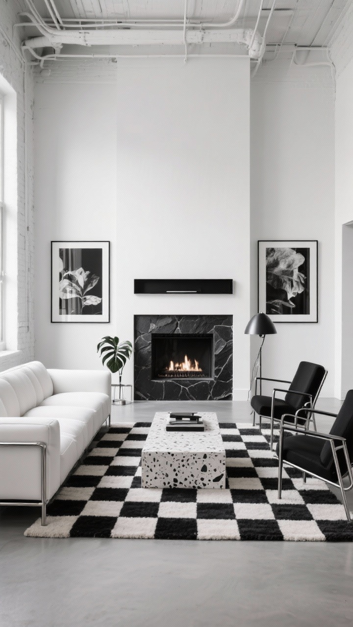 Medium-wide, straight-on gallery view: Black-and-white loft living area with a matte black stone fireplace surround set into a white drywall feature wall; a linear media recess above for a sleek, cable-free look; white modular sofa opposite black steel-framed lounge chairs; terrazzo coffee table centered on a bold checkerboard wool rug; two oversized black-and-white prints flanking the fire; a sculptural floor lamp and a single leafy plant for organic relief; palette black, white, soft gray, chrome; materials honed stone, steel, wool, terrazzo; crisp, high-contrast lighting for graphic clarity, photorealistic.