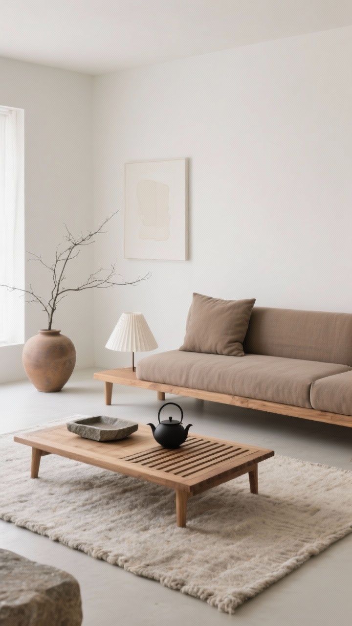 Medium-wide, straight-on minimalist composition: Japandi serenity living room with a taupe bench-seat sofa featuring a single tailored seat cushion; low slatted oak coffee table on a neutral wool rug; warm white walls with minimal art; sculptural paper lamps, a stone tray, and a black teapot displayed; simple branches in a clay vase, ample negative space and low seating; palette of warm white, taupe, oak, soft black; calm, quiet textures in oak, wool, stone, paper, linen; soft natural daylight, photorealistic.