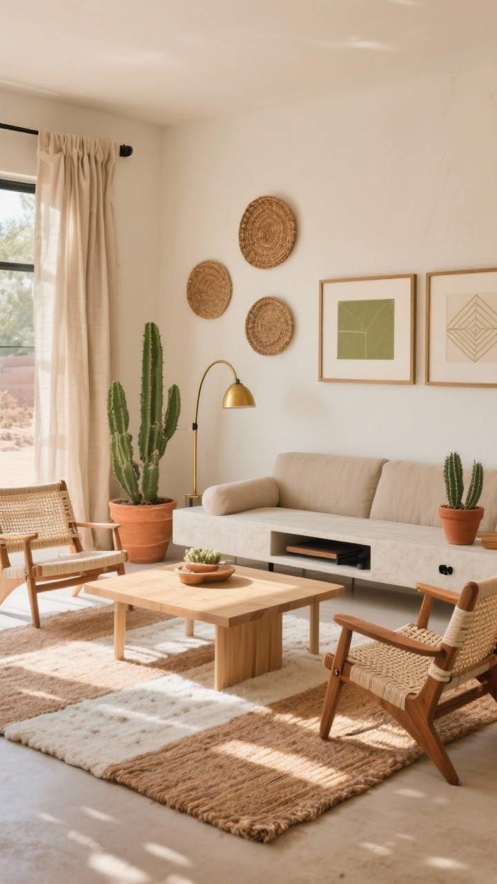 Medium-wide, sunny angle: Desert-neutral modern farmhouse living room in a palette of sand, clay, and cactus green. A low, boxy sand-colored performance-fabric sofa sits on a tan-and-ivory flatweave rug. Center a parsons-style coffee table wrapped in light wood veneer, with two armless accent chairs in woven leather straps adjacent. A plaster-look media console keeps lines clean. Style with terracotta pots (some with cacti), a woven wall plate trio, and linen drapes that puddle slightly. Add a soft brass arc lamp with a linen shade and golden-hued art frames, plus slim black hardware and a simple geometric art piece for contrast. Sun-kissed daylight, airy, photorealistic.