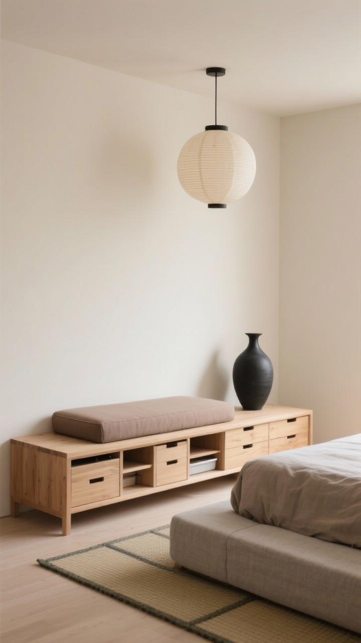 Minimalist medium shot, low perspective: Japandi light-ash bench with a tailored taupe cushion top and modular slide-in drawer boxes beneath (mix of closed drawers and slim trays visible); warm ivory walls, paper lantern pendant overhead, tatami-inspired area rug; low platform bed with stone-colored linen duvet; a single black ceramic vase as sculptural accent; calm, soft, matte textures in linen, ash wood, paper, and ceramic; serene diffused lighting, photorealistic.