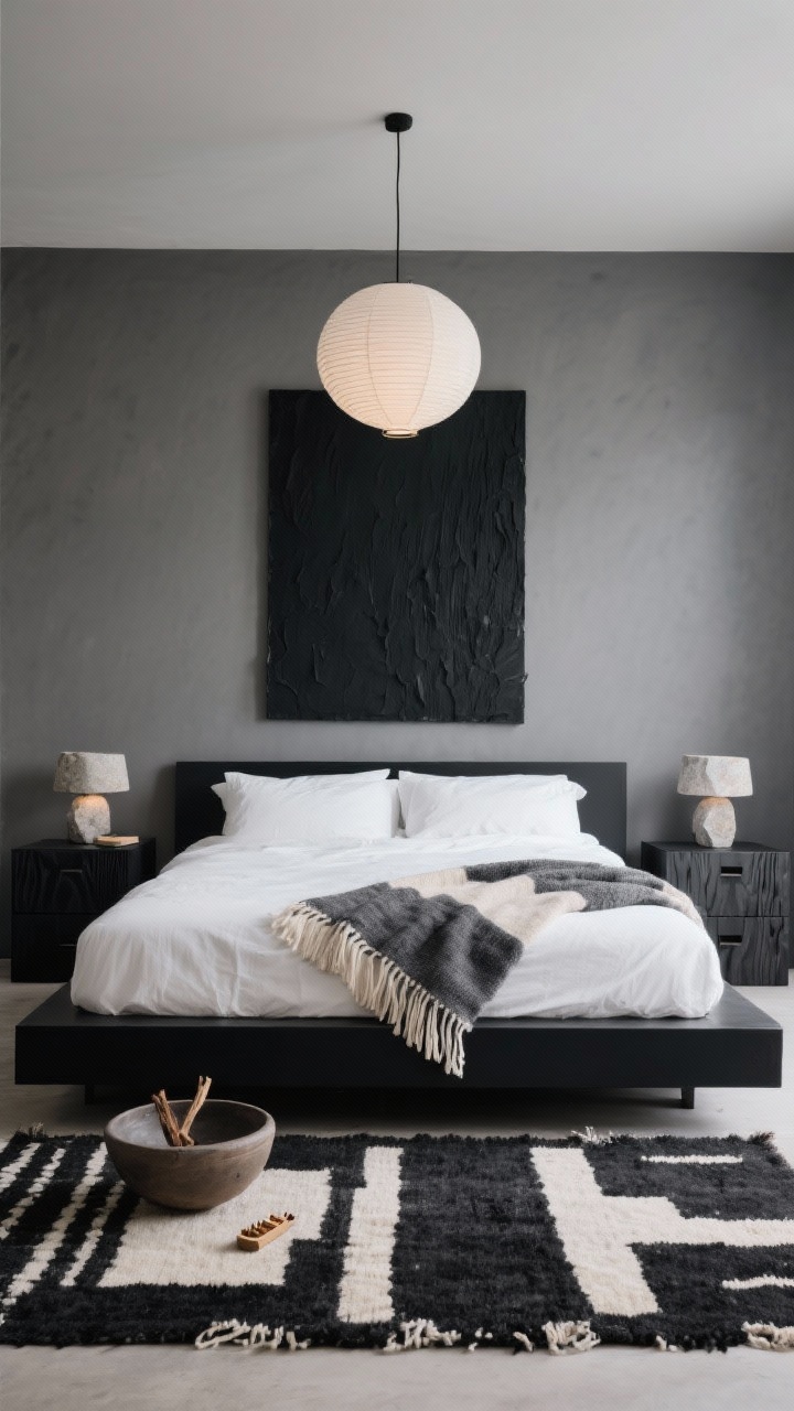 Minimalist medium shot, straight-on: Noir Artisan Minimalism with graphite walls, a matte black platform bed, crisp ivory percale sheets, and a single handwoven throw in charcoal and bone. Sleek slab nightstands of blackened wood with visible grain and no hardware. One oversized black-on-black textured canvas centered above the bed. A single sculptural paper lantern pendant provides soft ambient light; two petite stone lamps on the nightstands add a gentle glow. Flat Berber rug in black and cream grounds the scene. Include a ceramic bowl with palo santo and a match striker. Photorealistic.