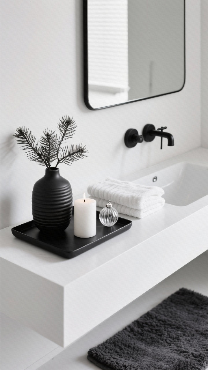 Minimalist “Merry Monochrome” detail closeup: matte black fixtures beside a floating white vanity and frameless mirror edge. On a black tray, a single white pillar candle and one glass ornament for quiet sparkle. A black ceramic vase holds sparse fir branches; ribbed white towels and a plush charcoal bath mat add soft texture. Palette: black, white, graphite with matte ceramics and soft wool. Cool, even lighting with subtle shadows. Shot tight and straight-on to emphasize clean lines.