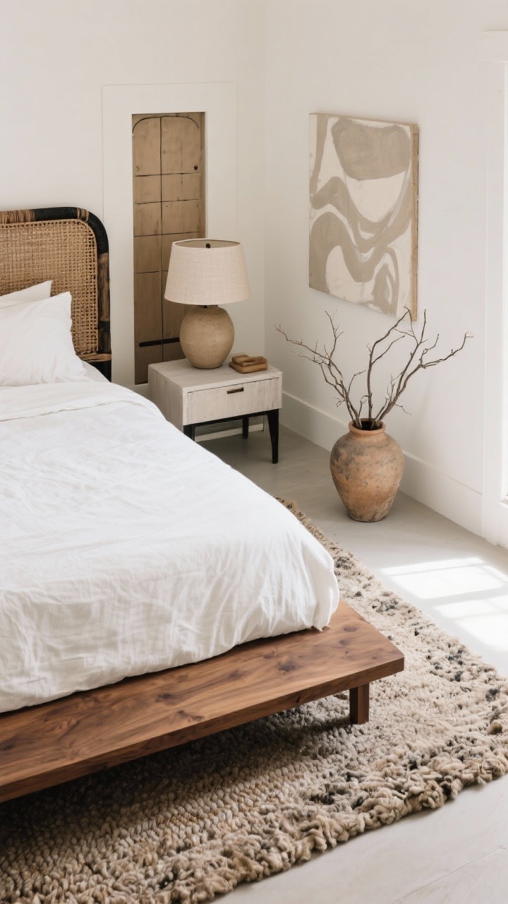 Minimalist overhead detail: A serene organic farmhouse vignette captured from above—natural walnut low-profile platform bed corner with crisp white percale sheets and a stonewashed linen duvet, adjacent to a chunky wool rug. Include the top of a woven cane wardrobe edge, a ceramic table lamp with a linen shade on a clean nightstand, and branches in a rough clay vase. Muted palette of bone, putty, walnut, and soft black, with a glimpse of one large abstract art piece in muted neutrals on the wall. Bright but soft natural light, uncluttered and calm. Photorealistic.