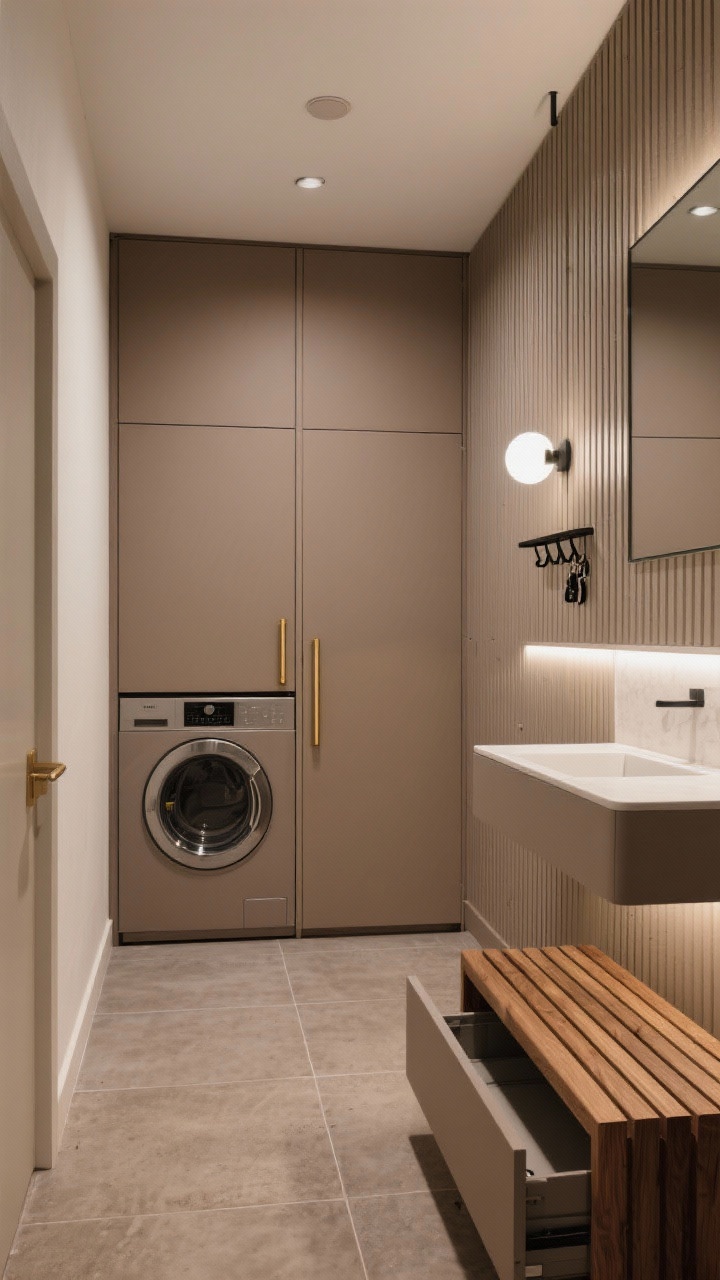 Narrow city nook, straight-on medium shot emphasizing hidden appliances: paneled cabinet doors concealing laundry pair, floor-to-ceiling storage in warm taupe with slim brass finger pulls; floating slatted oak bench with lift-up storage keeping floor clear; large-format warm concrete-look porcelain tile; wall with narrow vertical slat paneling painted to match; slim LED under-cabinet lighting and a flush-mount disk fixture; mirror with a narrow shelf for keys and a single rail of minimalist black hooks; sleek, compact, photorealistic.