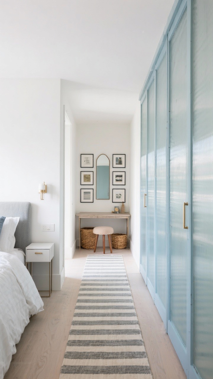 Narrow room, long-angle perspective emphasizing flow: bed placed along the longer sidewall with slim-profile nightstands and wall sconces above to free surface area, a striped runner rug guiding a wide walking lane, tall wardrobes with ribbed glass doors on the opposite side, soft blues and warm whites throughout, a narrow console at the end wall with a statement mirror, framed prints in a grid, woven baskets under the console, and a petite upholstered stool that tucks away; bright, airy daylight.