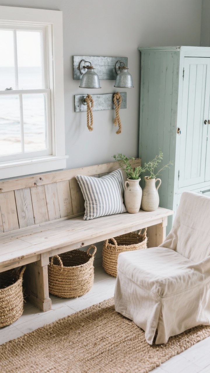 Overhead and slight angle detail shot, Coastal Utility With Wabi Cottage vibes entry bench: soft fog gray wall backdrop, slatted bleached oak bench under a window, striped pinstripe cushions, woven seagrass baskets tucked below; galvanized sconces above, rope-handled pulls on nearby cabinet, flatweave stripe or nubby sisal rug beneath; canvas slipcovered chair and ceramic pitchers used as vases with simple greenery; palette of pale seafoam, weathered woods, and neutrals; breezy, utilitarian coastal mood, photorealistic, no people.