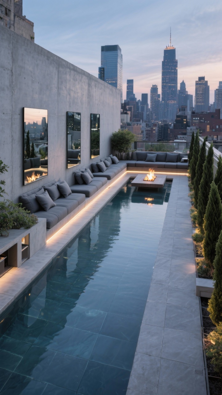 Overhead angle, Slim urban rooftop oasis: long, narrow pool lined with large-format cool gray porcelain tiles; full-height smooth cement privacy wall with a sequence of oversized outdoor mirrors reflecting the water to double visual depth; linear gas fire table opposite the pool; modular low seating in charcoal with weatherproof linen cushions; narrow plantings of Italian cypress along the edge; LED strip under the coping emitting a linear glow; built-in bench with hidden storage compartments. Twilight city backdrop, photorealistic.