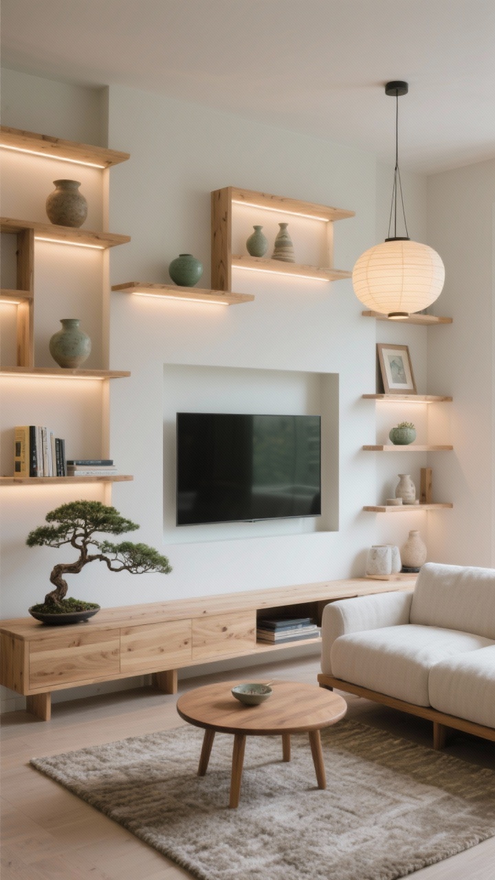 Overhead/angled detail-meets-medium shot: A Japandi wall with a grid of asymmetrical shelves in light ash/white oak surrounding a clean rectangular cutout for the TV. Warm LED strip backlighting softly halos the cubbies at dusk. Minimal styling: handcrafted ceramics, a few art books, a bonsai or sculptural branch. Palette of pale oak, ivory, stone, and sage accents. In view: a linen sectional with wood legs, round oak coffee table, and a wool flatweave rug. Paper lantern pendant glows gently above. Serene, balanced, custom-built feel.