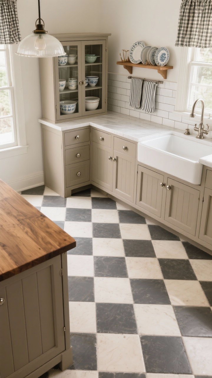 Overhead/angled floor-focused shot highlighting nostalgia: checkerboard tile floor in soft putty and ivory (or charcoal and cream), with the base of mushroom taupe cabinetry and a warm walnut island grounding the pattern. Glimpse of classic white subway backsplash with warm gray grout, a plate rack over the sink area, and a freestanding hutch with glass doors holding china and mixing bowls. Polished nickel knobs and latches, schoolhouse-style pendant and milk-glass flush mount visible at frame edge. Textiles: gingham café curtains and ticking stripe towels. Inviting, softly lit, photorealistic.