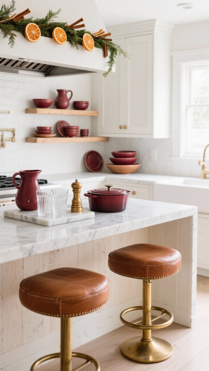 Overhead countertop vignette in a bright kitchen: White or light-wood cabinetry backdrop with open shelves displaying burgundy stoneware—bowls, pitchers, serving platters. On the island, cognac leather barstools with brass footrests. A marble board, brass pepper mill, and a burgundy Dutch oven arranged neatly. Clear ribbed tumblers nearby. A narrow garland draped over the range hood, tucked with dried orange slices and cinnamon sticks for an organic chef’s-kitchen feel. Clean daylight, photorealistic, no people.