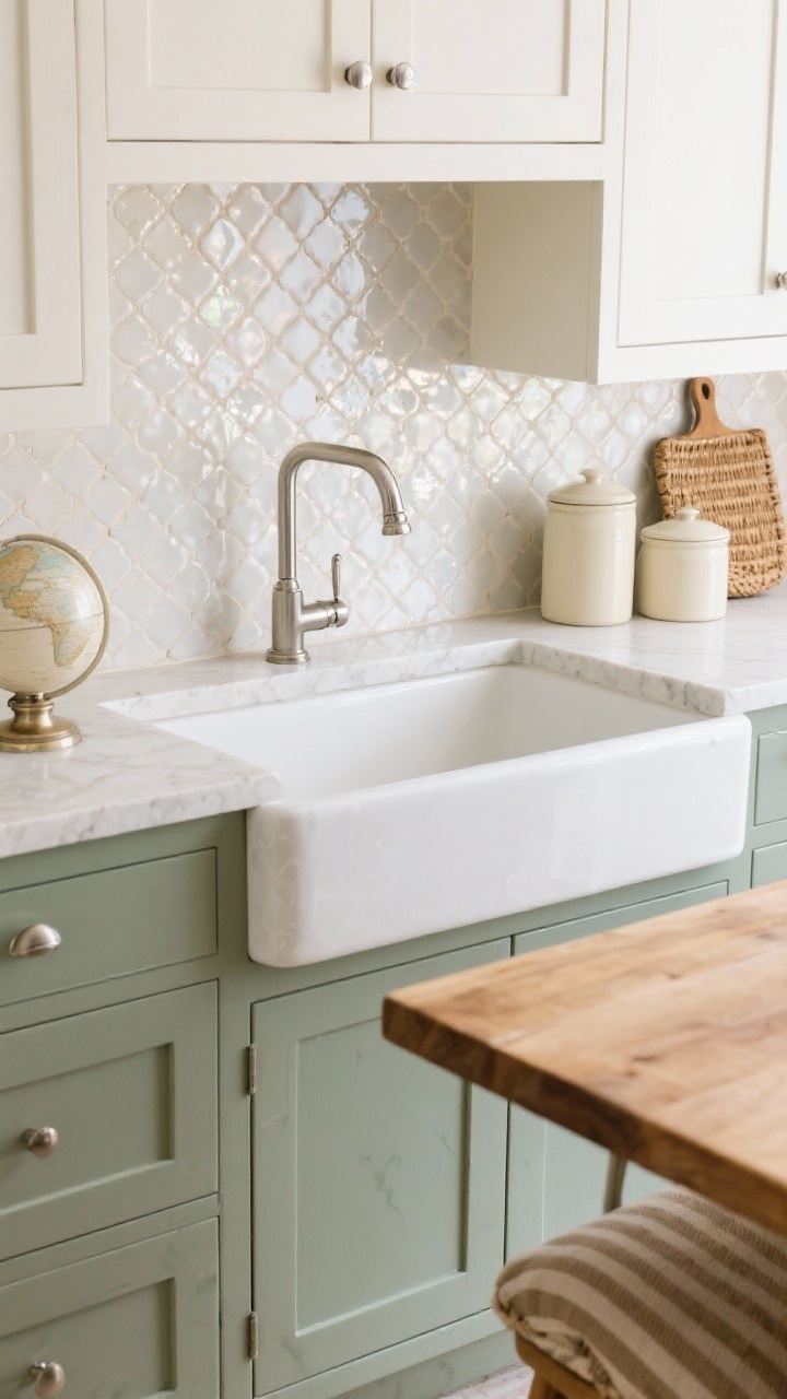 Overhead detail: Fresh farmhouse countertop scene highlighting a textured stone apron-front sink with polished nickel bridge faucet; lower cabinets in dusty sage meeting uppers in soft white at the edge of frame; handmade zellige tile backsplash with subtle shimmer; white oak island surface partially visible with striped grain-sack stool top; schoolhouse globe reflection in the nickel; matte cream canisters and a woven bread board arranged neatly; crisp yet cozy feel; photorealistic, natural daylight.