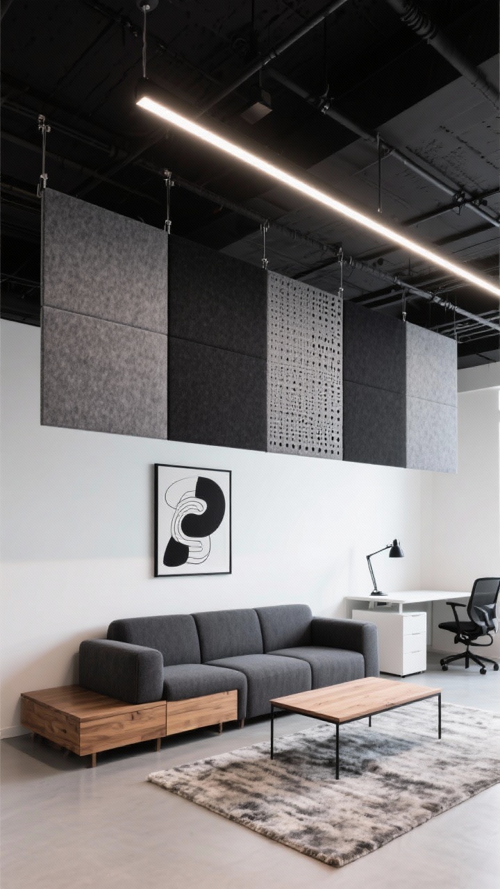 Overhead/detail hybrid, acoustic felt panel divider suspended from a black ceiling track: staggered-width soft rectangular felt panels in charcoal and black, one perforated panel for visual interest; integrated narrow LED in the track casting an overhead glow; below, a crisp modern setup with a charcoal modular sofa, black-and-white abstract art, low oak media console; office side shows a compact white desk, black task lamp, plush rug; palette charcoal, black, white with a hit of oak; clean, graphic look; no people, photorealistic.