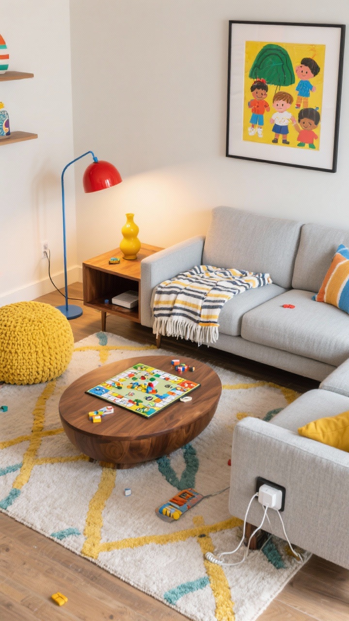 Overhead detail/medium hybrid, playful family room vignette: modular light-gray performance-fabric sofa with a striped throw and framed kids’ art above a walnut media console; low oval ottoman doubling as coffee table with board game pieces; a color-pop task floor lamp in tomato red (or cobalt) with a pivoting shade aimed toward the ottoman; sunny yellow accent object and a boucle pouf nearby; charging station tucked behind sofa with cord routed through a rug cable cover; bright, cheerful lighting suitable for game night; photorealistic, family-friendly energy.