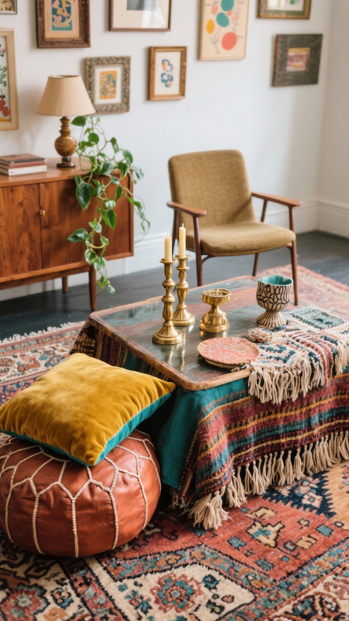 Overhead detail of a vintage eclectic coffee-table vignette on a vintage Persian/kilim rug: thrifted wood sideboard edge visible, brass candlesticks casting warm reflections, quirky table lamp base peeking in; color pop accent (mustard/teal/coral) repeated in a cushion and a small accent chair leg nearby; gallery wall beyond slightly blurred with mismatched frames and playful prints; trailing pothos leaves entering frame; textures layered—velvet cushion corner, leather pouf edge, woven throw tassels; curated, bohemian feel, photorealistic.