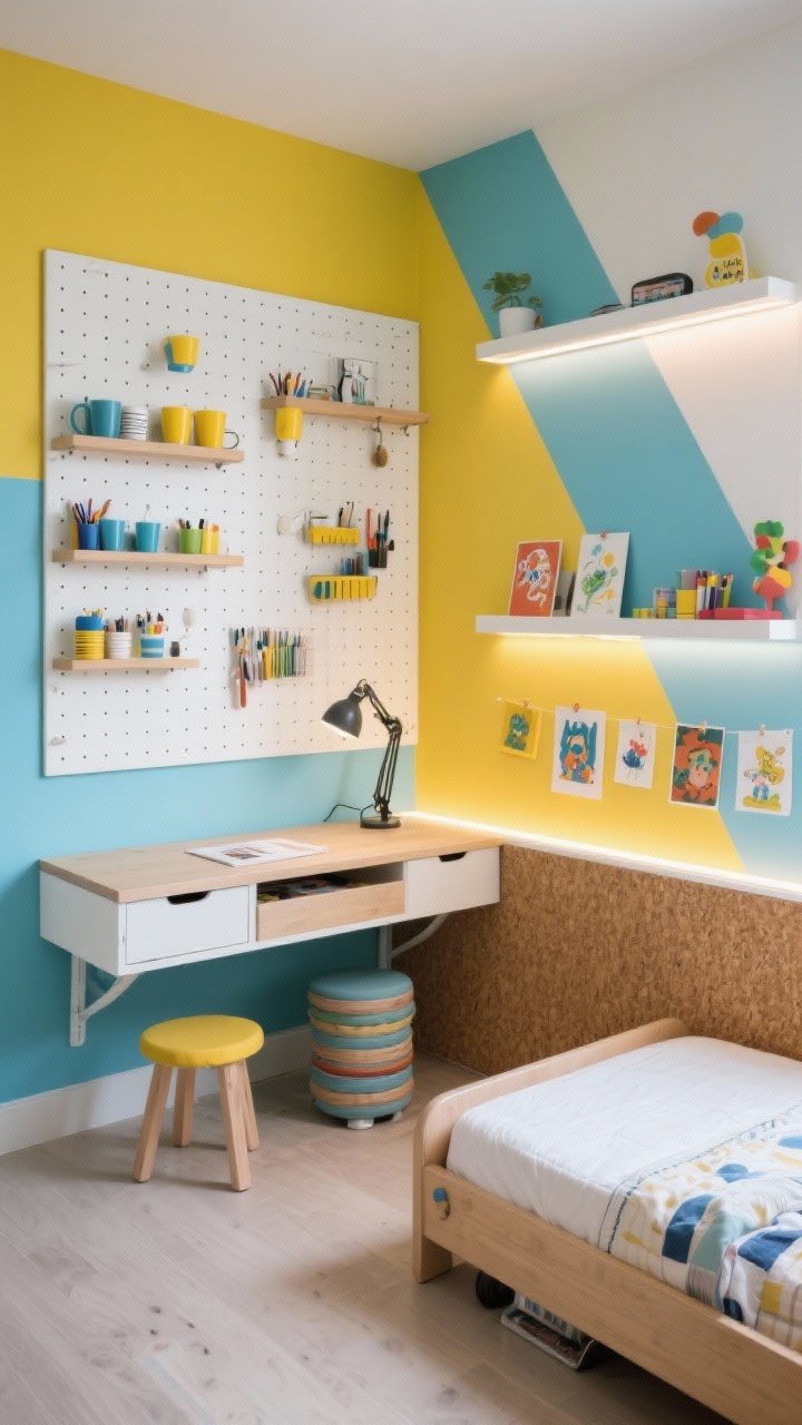 Overhead/detail-plus context shot, photorealistic: Creative color-block studio kids room with bold geometric paint bands in periwinkle, sunflower yellow, and white using wipe-clean semi-gloss. A lift-top desk with hidden storage sits below a large pegboard wall outfitted with rearrangeable cups, shelves, and hooks holding supplies. Stackable stools tucked underneath; a trundle bed nearby for sleepovers. A continuous cork strip at child-height wraps the room displaying pinned art. Lighting includes an LED strip under shelves for even task glow and an adjustable architect lamp at the desk. Modular, graphic, organized. No people.