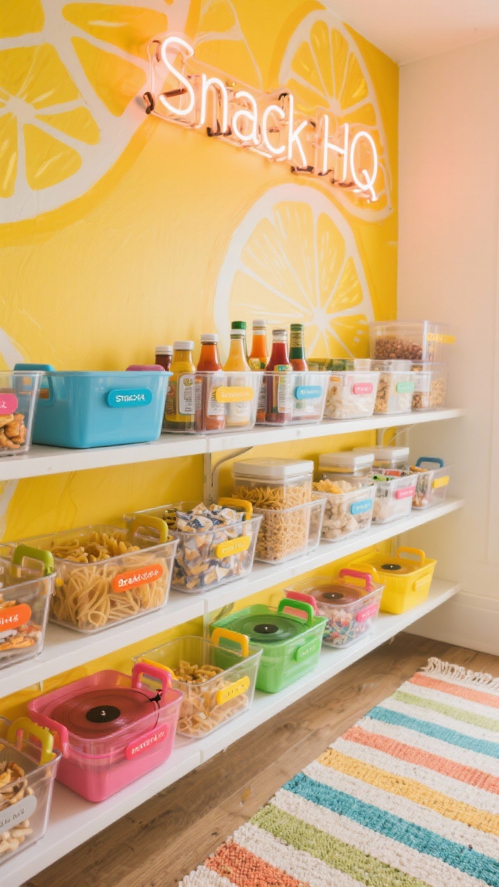 Overhead detail shot — A color-pop pantry shelf arrangement with a sunny citrus-painted back wall (marigold/melon). Clear modular bins with colored handles are grouped by category, and acrylic turntables hold sauces and condiments. Color-coded labels match bin colors (e.g., blue for snacks, others for breakfast/pasta/baking). Include a peek of a striped indoor-outdoor rug that matches the palette at the edge of frame and a cheeky “Snack HQ” neon sign glow reflecting softly. Bright, playful, organized.