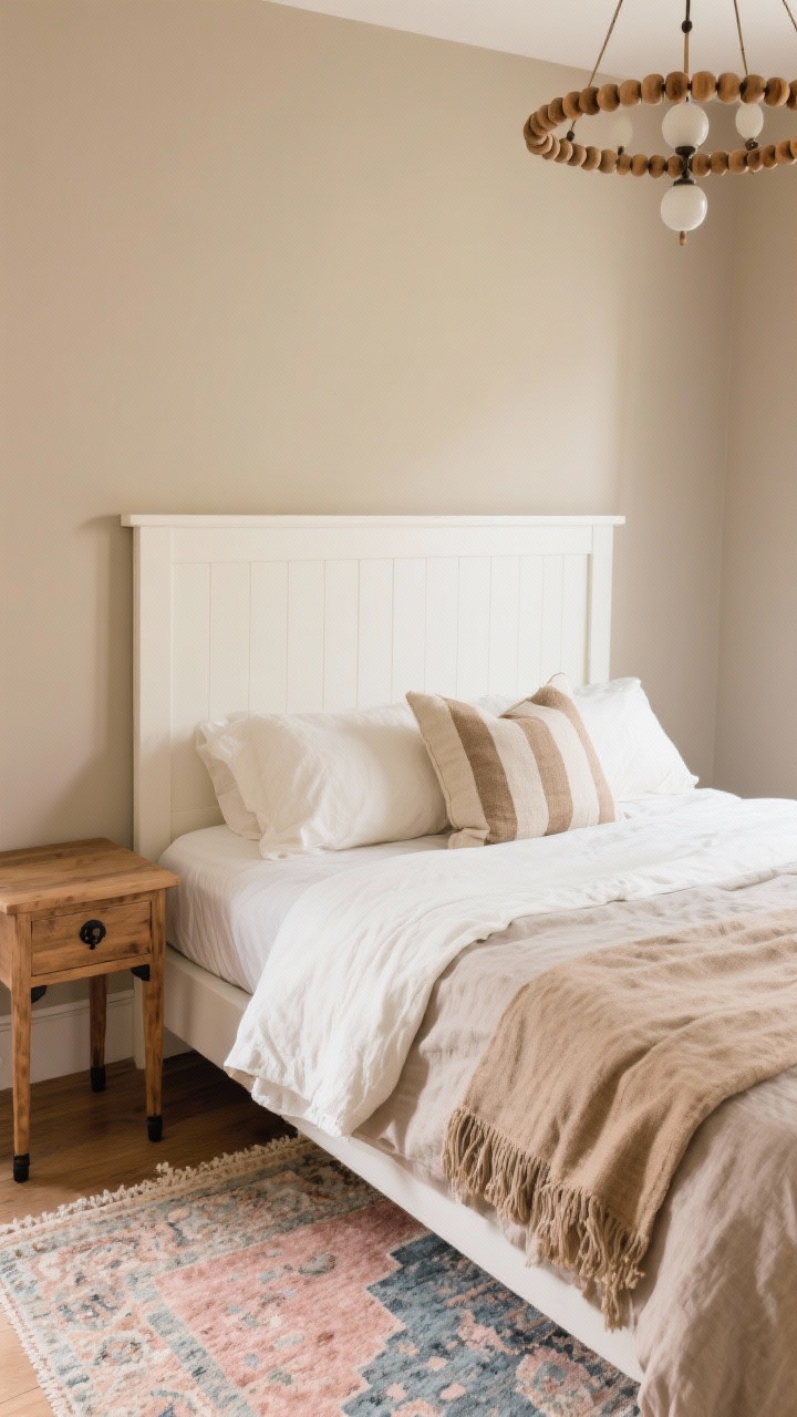 Overhead detail shot: A soft modern farmhouse bedscape on warm greige walls with a simple soft-white panel bed. Layered linen in cream and taupe, centered by a grain-sack stripe lumbar pillow. Adjacent, a Shaker-style natural oak side table with black metal pulls. Visible at the edge: a faded Turkish rug with blush, taupe, and muted indigo tones, and the lower strands of a wood-bead chandelier above casting gentle shadows. Clean, cozy, polished look with warm, even daylight.