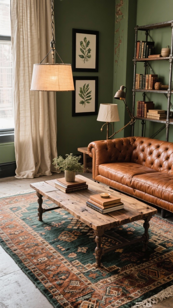 Overhead detail shot: A styled coffee table vignette in an olive and cognac loft classic. Reclaimed wood coffee table on a vintage kilim rug; aged cognac leather tufted sofa partially in frame. Botanical prints in matte black frames nearby; parchment-shaded chandelier glow spilling across putty-colored linen drapes and industrial iron shelving in the periphery. Include small decor: library-style swing-arm lamp arm, a linen-bound book stack, and a warm oak accent for heritage richness.