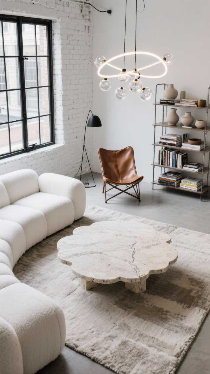Overhead detail shot, Airy Urban Loft coffee table scene with context: round travertine coffee table centered on a large neutral rug; edge of a cloud-like modular white sofa visible; white-painted brick and black steel window frames in the background; open metal shelving styled with stacks of art books and neutral ceramics; leather sling chair and black floor lamp glimpsed at frame edge; statement pendant above—either sculptural LED loop or cluster of glass orbs—casting soft industrial light; palette of bright white, charcoal, stone; photorealistic, no people.