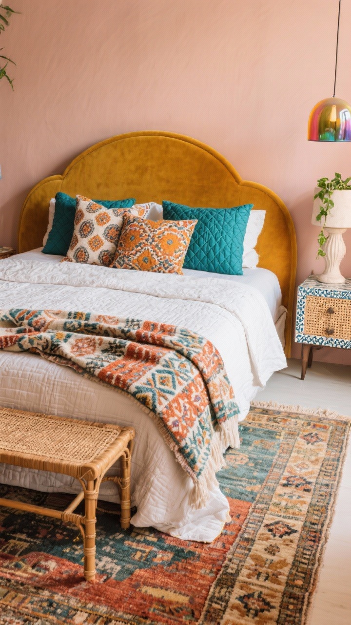 Overhead detail shot: Artistic maximalist boho layering on the bed—muted blush/soft clay backdrop visible at edge; curved velvet headboard in marigold peeking into frame; pattern-on-pattern pillows, a quilted coverlet, and a patterned throw layered thoughtfully; two rugs layered below the bed edge: a larger flatweave base with a smaller vintage rug on top; cane texture from a nearby tiled nightstand corner, colorful pendant glow reflected subtly; a sculptural lamp base and a plaster pedestal with trailing plant just in frame; palette of blush, marigold, teal, paprika, ivory; joyful, intentional; photorealistic.