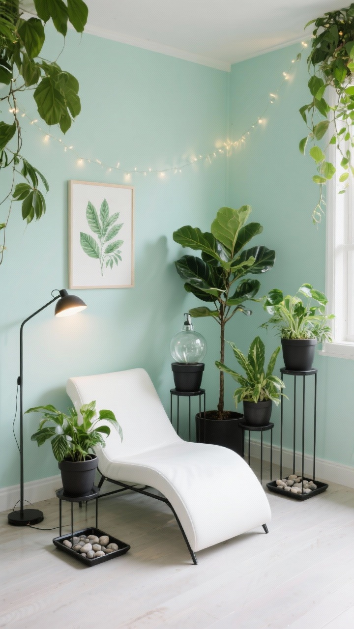 Overhead detail shot, Botanical Light Therapy Corner: A streamlined chaise in white beside a full-spectrum daylight lamp, with clustered easy-care plants (ZZ, pothos, rubber tree) at varying heights on matte black metal plant stands. Pebble trays beneath pots, a glass watering globe catching light, and a single botanical print leaning on a pale mint/pistachio wall. Micro string lights weave among foliage. Palette: mint, leaf green, white, matte black. Photorealistic, crisp daylight with gentle highlights.
