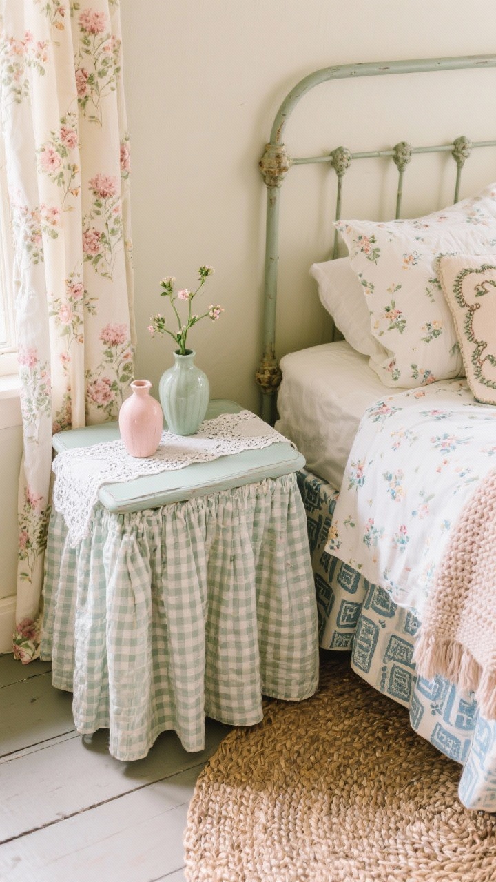 Overhead detail shot, Collected Cottage Charm: a styled slice of the bedside area featuring a skirted side table as nightstand with a lace runner and ceramic bud vases in soft rose and sage; edge of a painted iron bed with block-printed duvet, micro-floral sheets peeking, and a hand-knit throw; a needlepoint pillow partially in frame; braided rug beneath with floral drapes pooling softly nearby; palette of buttermilk, rose, sage, and faded blue; mixed patterns—florals, block prints, subtle gingham; cozy, diffused daylight; photorealistic focus on layered patterns and textures.