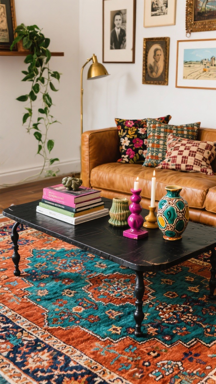 Overhead detail shot: Collected eclectic coffee table and rug styling. A saturated vintage Persian/Turkish rug sets a bold patterned base. On top, a black iron coffee table holds stacked books, sculptural candles, and a colorful ceramic side piece. Edge of a camel leather sofa with mixed patterned pillows (kilim, floral, check) enters frame. In background blur, a brass floor lamp and a wall with mismatched frames—family photos, travel sketches, flea market finds. Trailing pothos leaves cascade from a nearby shelf. Palette: rust, teal, ochre, navy with fuchsia/olive hits. Rich, layered, story-filled.