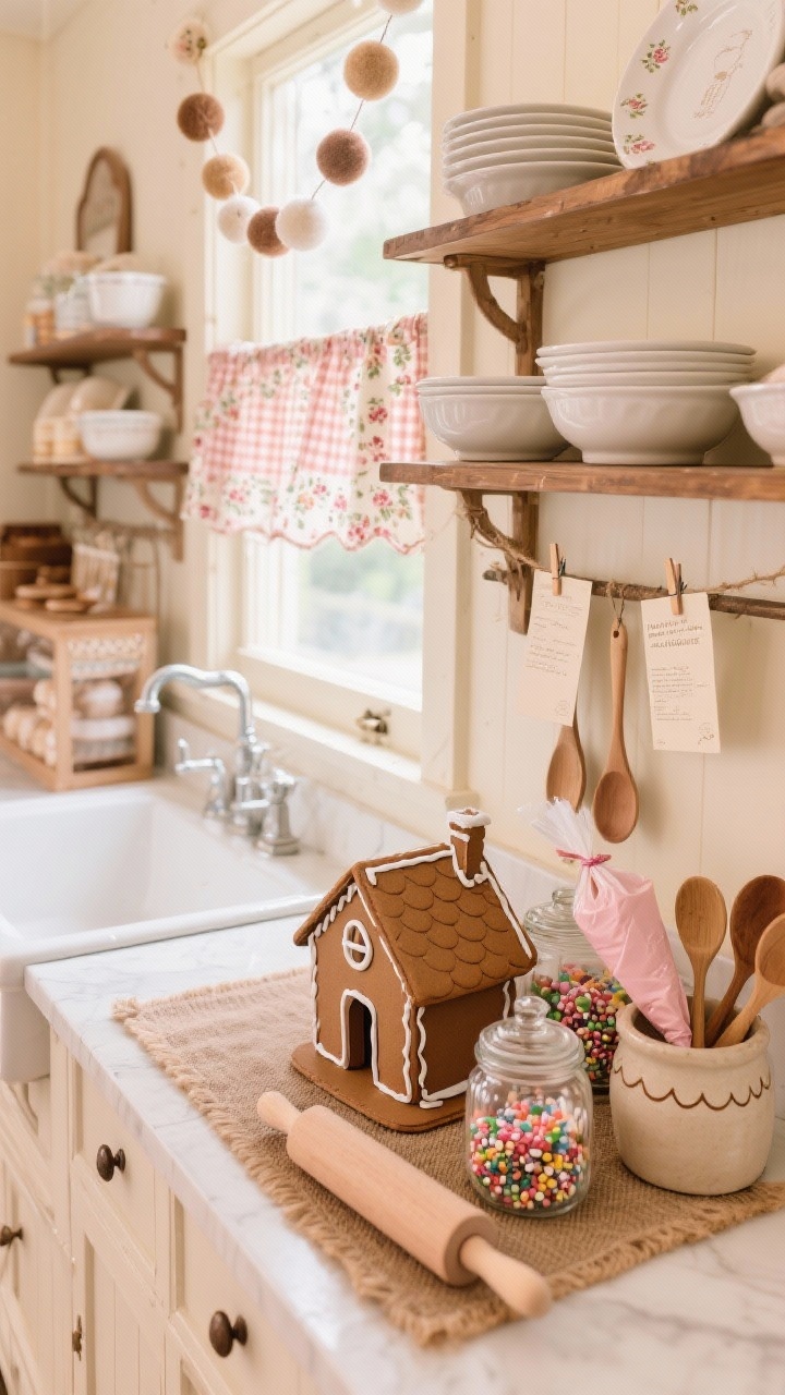 Overhead detail shot, Cozy Cottage Gingerbread Bake Shop station: palette of buttery cream, nutmeg brown, and soft blush; gingerbread house assembly area with sprinkles in clear glass jars, piping bags, and candies; rolling pin rack nearby, wooden spoons in a stoneware crock, scalloped white plates and stoneware mixing bowls on open shelves; recipe cards clipped to twine with tiny clothespins; felt ball garland across the window edge, gingham/ditsy floral sink curtain, soft jute runner texture visible; warm, storybook bakery mood with natural daylight, photorealistic, no people.