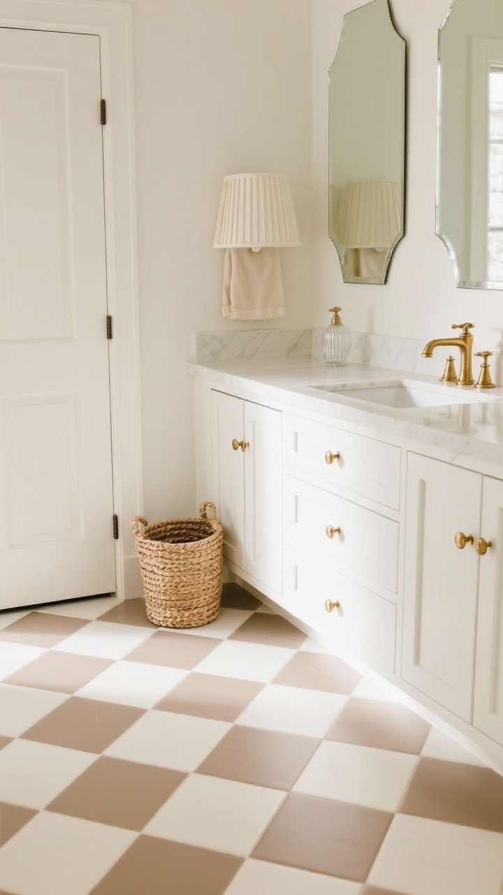 Overhead detail shot: cream-and-taupe checkerboard porcelain floor laid on the diagonal, with a woven hamper set near the vanity toe-kick; partial view of a crisp white inset-door vanity with warm brass knobs, brass bridge faucet at the sink edge, twin beveled edge mirrors’ lower corners catching light; finishes include a pleated linen shade and a fluted glass soap pump on the counter; palette of cream, taupe, warm brass, crisp white; bright, patterned focus.