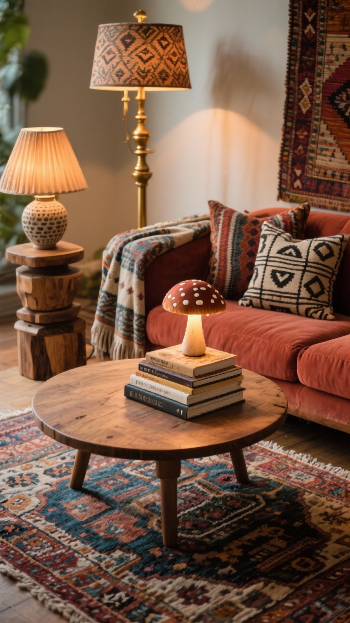 Overhead detail shot, Eclectic Boho Lounge coffee table vignette: round wood coffee table on a Moroccan-style rug with layered pattern, a tiny mushroom lamp glowing warmly on a stack of books, edge of a low deep sofa in rust with ikat pillows and a block-printed throw entering frame, glimpse of a vintage brass floor lamp with a patterned fabric shade and a stacked wood/ceramic table lamp with a pleated shade in background bokeh, woven tapestry colors hinted at along the edge, dim warm bulbs for lounge-y glow, photorealistic.