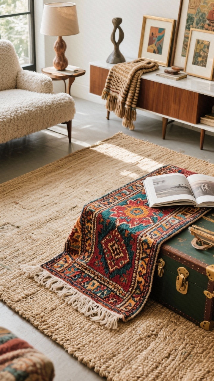 Overhead detail shot, eclectic collector: layered rugs—large neutral sisal/jute base with a smaller patterned Moroccan or suzani rug on top, showing fringed edges and rich motifs in ruby, teal, ochre, and indigo. Nearby edges reveal a bouclé sofa corner, a vintage armchair leg, and a trunk-style coffee table with an open art book. Mixed frames leaning at a slim mid-century credenza edge, woven throws, and a sculptural table lamp partially visible. Natural daylight; photorealistic, collected and textural.