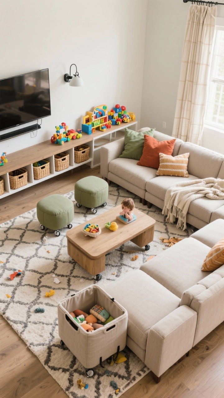 Overhead detail shot, Family-Friendly Modular Play Zone: A top-down view of a modular performance-fabric sectional with movable ottomans arranged around two padded storage ottomans on casters acting as a coffee table. A patterned washable rug hides messes; warm neutrals with pops of sage and rust in throw pillows and accessories. A long media console with baskets for storage along one wall, and a slim play shelf behind the sectional corralling toys. TV on a swivel arm visible at the edge, washable cotton curtains, a big cozy throw draped casually. Bright, family-ready, photorealistic.