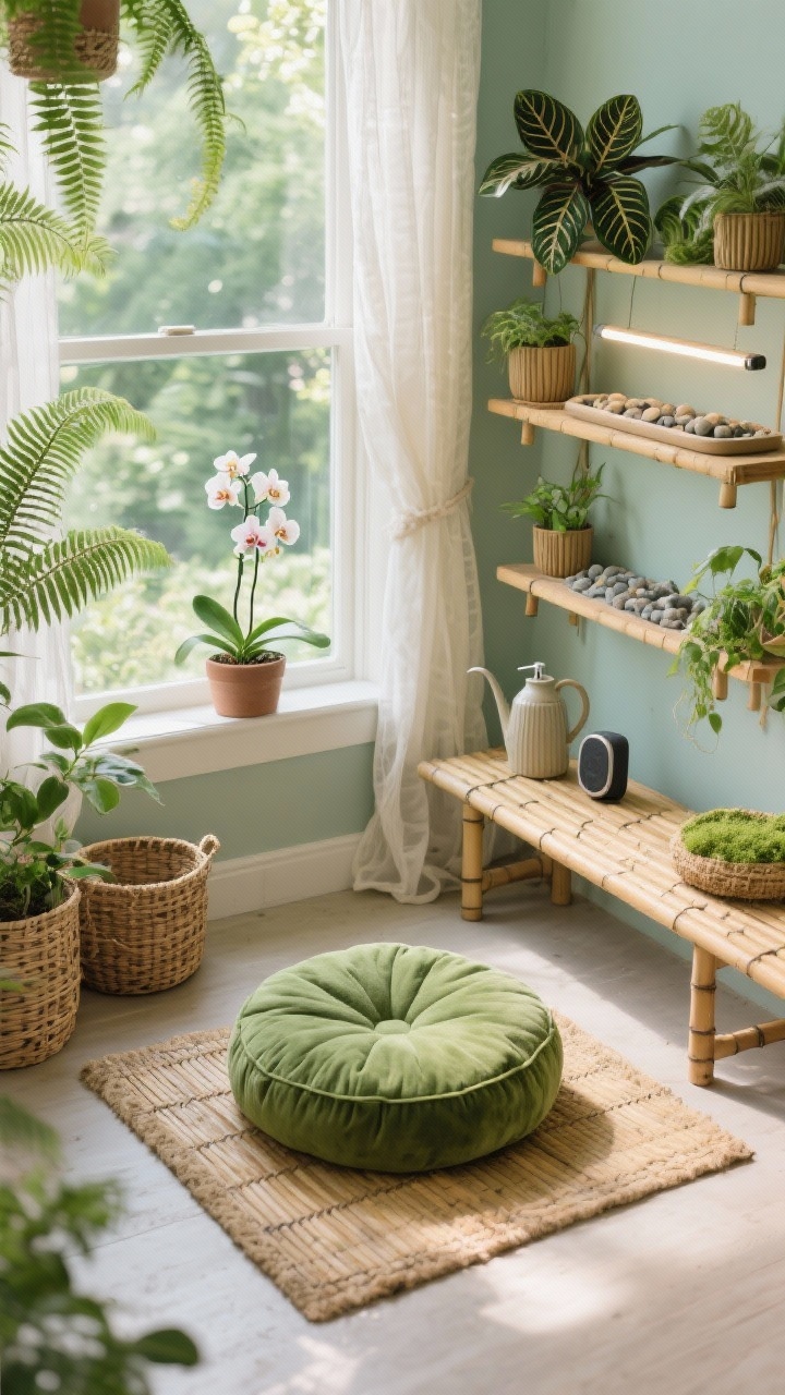 Overhead detail shot, Garden Window Oasis: round kapok meditation cushion in moss green on a natural bamboo mat positioned by a sunny window; staggered plant stands surrounding—ferns, calatheas, a flowering orchid; gentle sage walls; narrow bench holding a watering can, ceramic mister, and a small Bluetooth speaker; rattan baskets, ribbed planters, cotton gauze curtains filtering daylight; slim grow light tucked behind plants; pebble tray under the orchid adding humidity and texture; palette of moss, sage, bamboo, cream; photorealistic, bright natural light with soft shadows.