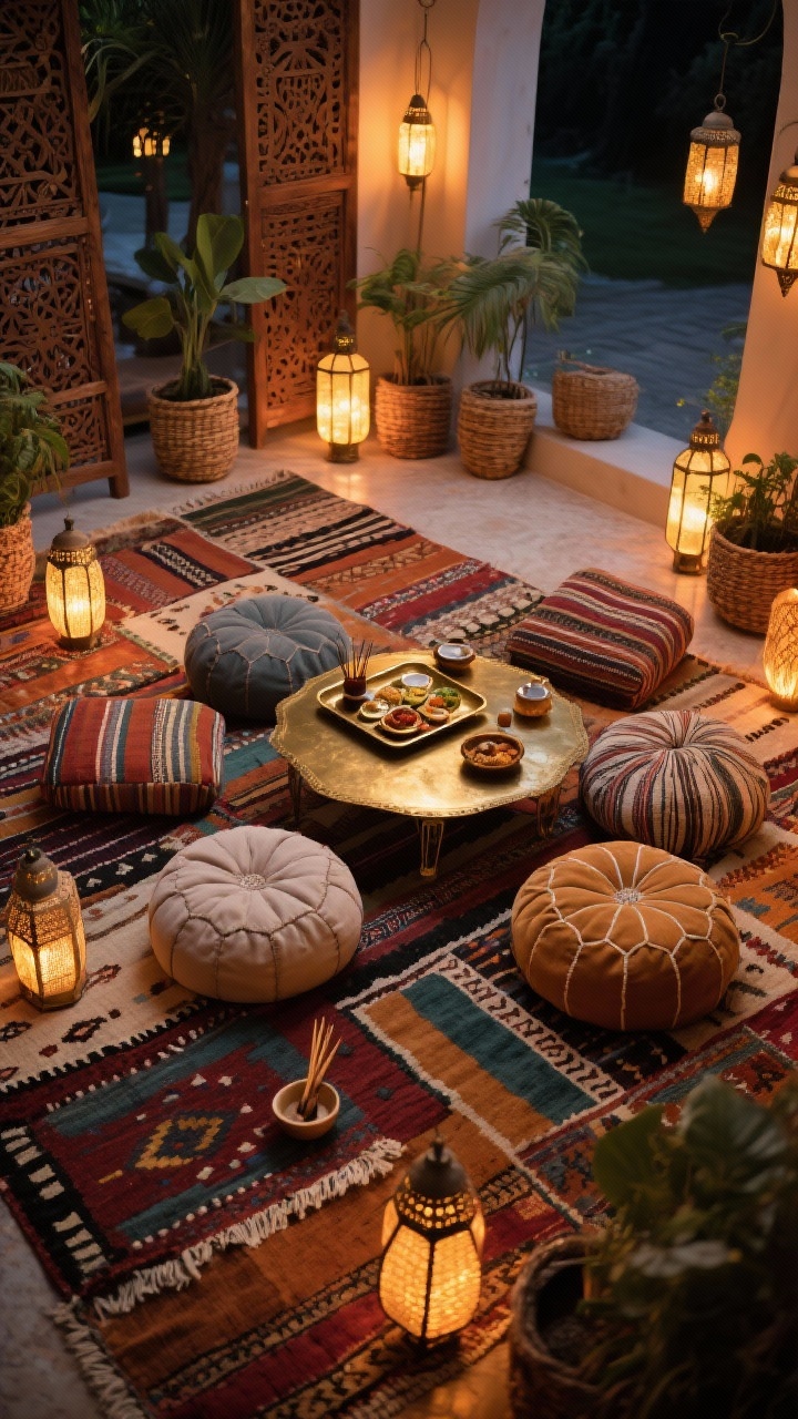 Overhead detail shot, Global Bazaar Floor Lounge: Layered overlapping rugs—kilims, Beni-style, and striped dhurries—create a patchwork ground. Floor cushions and oversized poufs gather around a tray-style brass coffee table set with tea and mezze. Edges reveal carved wood screens adding texture and privacy, with plants in woven baskets around the perimeter. A constellation of lanterns at varied heights glows warmly. A small incense or palo santo bowl smolders subtly. Photorealistic, night with warm ambient lantern light.