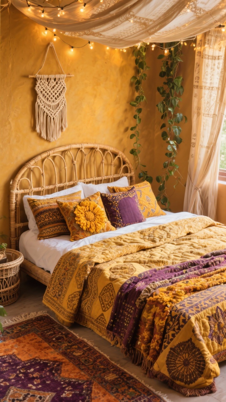 Overhead detail shot: Golden boho textiles on a bed with a rattan headboard against spiced honey/turmeric wall. Layered block-printed quilts, kantha throws, and embroidered cushions in saffron, marigold, and aubergine. Overdyed Persian rug in amber and plum partially visible at the edge. Gauze curtains and trailing pothos nearby, with a macramé wall piece glimpsed. String lights woven through a canopy casting a soft halo. Warm, sun-kissed glow, richly patterned, photorealistic.