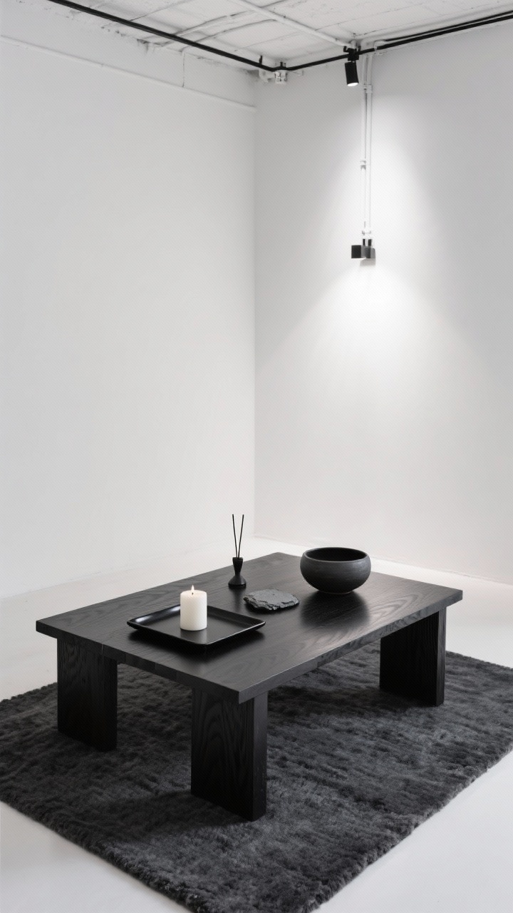 Overhead detail shot: Minimal monochrome loft vignette with a black-stained oak meditation table on a sleek charcoal wool rug, a glossy black tray holding a single white candle, a small slate slab, and a matte ceramic bowl, streamlined incense holder, gallery-white walls, dimmable track light set to warm 2700K creating soft highlights and shadows, hidden cables and uncluttered negative space, palette of black, white, and charcoal, photorealistic.