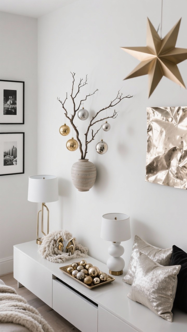 Overhead detail shot, Minimalist Metallic Gallery: sculptural branch display in a ceramic vase on a media console, hung with single-tone metallic ornaments in champagne, brushed gold, and soft silver; a symmetrical vignette below with two modern lamps, a low tray holding mixed metallic ornaments, and a matte white modern nativity; giant paper stars visible in the corner of the frame; art wall nearby with black-and-white prints in thin frames and one metallic foil piece; textiles hinted—a nubby wool throw and monochrome pillows with subtle shimmer; palette of white, warm gray, and mixed metallics; clean lines, soft diffused glow, no clutter.
