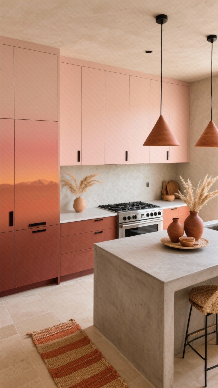 Overhead detail shot, Modern Desert Sunset With Gradient Hues: flat-front cabinet run showing gradient uppers in light peach transitioning to coral tall pantry doors and rust-toned island panels; concrete-look quartz countertop with matte finish; matte stainless range partially in frame; smooth tadelakt plaster backsplash catching soft, diffuse light; minimalist black tab pulls; sand-colored large-format porcelain flooring; cone-shaped terracotta pendants casting warm pools; styled with dried grasses, earthenware vases, and a woven runner in terracotta and camel tones; sunset-warm ambiance, photorealistic.