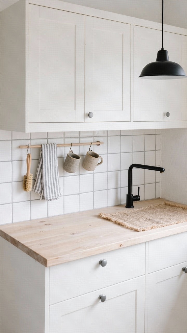 Overhead detail shot: Nordic cottage minimal workspace with painted white/pale putty slab-front cabinets and light ash or birch countertops. White square tiles with soft gray grout create quiet grid texture. A Shaker peg rail organizes everyday tools—striped linen towels, a small brush, and hand-thrown stoneware mugs. A pale jute runner peeks into frame; matte black tap and slimline pendant cast soft, even light. Palette of linen white, putty, pale wood, and matte black, clean and serene, photorealistic.