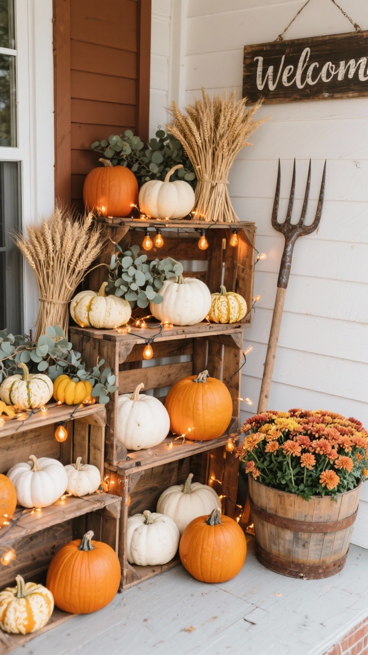 Overhead detail shot of a harvest market vignette on the porch: layered arrangement of wooden crates at varying heights filled with white, heirloom, and Cinderella pumpkins, bunches of dried wheat and eucalyptus tucked among the gourds, amber string lights hidden under crate shelves casting a warm glow, partial view of a rustic welcome sign and the edge of a weathered pitchfork handle, a barrel planter brimming with mums anchoring one corner; palette of burnt orange, mustard, cream, and natural wood; crisp, autumnal textures; no people.
