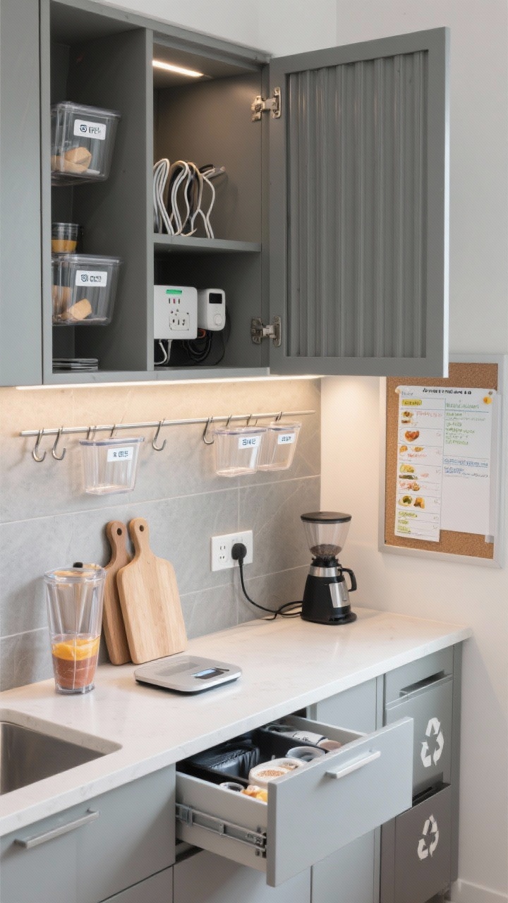 Overhead detail shot of a tech-savvy pantry station: soft matte misty gray laminate cabinetry and solid-surface backsplash with built-in rails holding detachable bins and hooks, a tambour-door charging niche open to reveal outlets and a cable drawer, clear bins with NFC tags and crisp label-maker labels, vertical dividers corralling cutting boards, under-shelf motion-sensor lighting illuminating a breakfast/smoothie zone, an under-shelf scale, a smart plug-connected coffee grinder cord neatly routed, plus a slim recycling sorter; adjacent cork board with meal plans and magnetic whiteboard inventory visible at the edge; clean, efficient, photorealistic lighting.