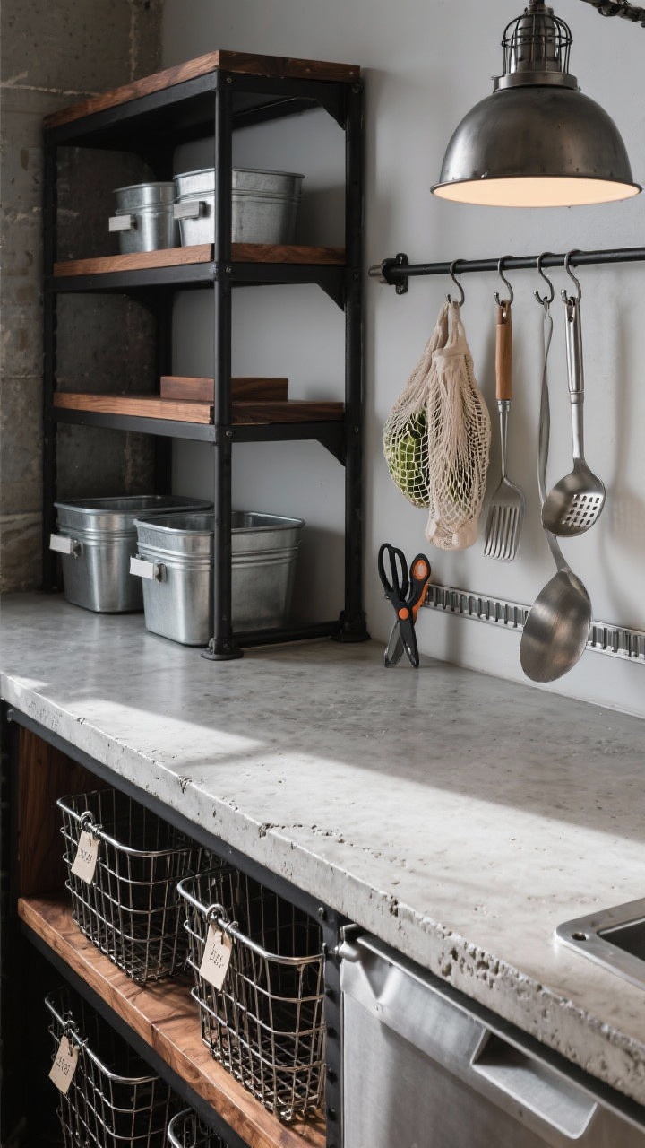Overhead detail shot of an industrial utility pantry work zone: concrete-look counter surface with visible texture; black metal shelving nearby holding galvanized bins and wire baskets; warm walnut accents softening the palette; clip-on label tags on baskets; a stainless work cart edge in frame; magnetic strip holding scissors and scoopers; rail with S-hooks suspending aprons and mesh produce bags; cool, utilitarian mood; caged gunmetal fixture light cast creating crisp shadows.
